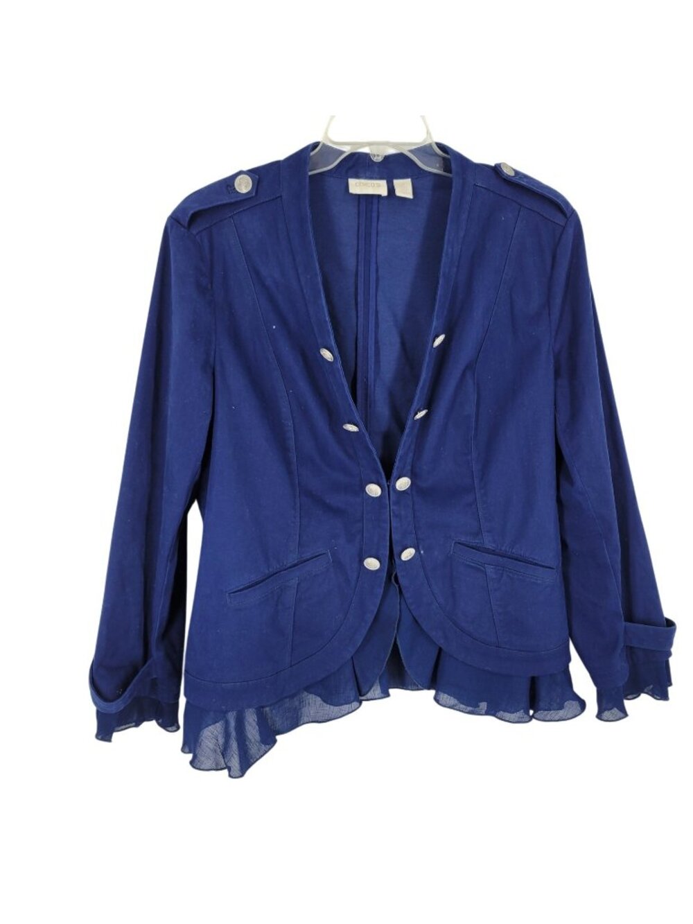 Chico's Navy Blue Velvet Military Jacket 2 w/Button Accents & Ruffle Hem L/12